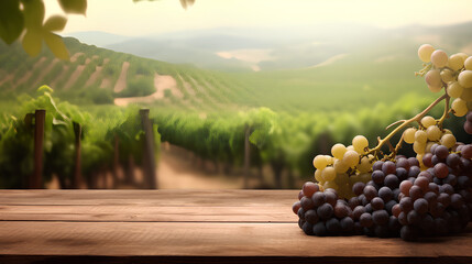 Bunches of grapes lie on a wooden table in a rustic style against the background of a grape plantation. The concept of winemaking. Generative AI.