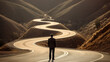 © wetzkaz - Serpentine, serpentine road, man on road surrounded by hills or mountains, fictional abstract, in suit