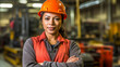 © wetzkaz - woman in production hall and warehouse, safety helmet and work jacket, crossed arms, interior, storage space, warehouse and logistics, pallets with products ready for collection, fictitious place