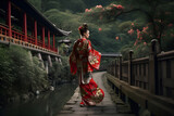 A Japanese geisha in a traditional costume walks in the park, Generative AI 4
