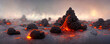 Apocalyptic volcanic landscape with hot flowing lava and smoke and ash clouds. Generative AI