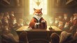 A clever fox wearing a judge's robe and holding a gavel, presiding over a courtroom filled with stuffed animal 'witnesses. Generative AI. 