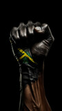 Fototapeta Mapy - Photograph showcases a raised black fist in solidarity, accompanied by the vibrant colors of the Brazilian flag , Generative AI