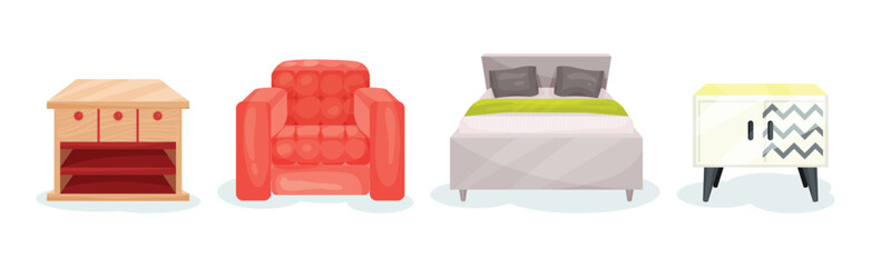 Canvas Print - Upholstered Armchair, Bed and Wooden Cabinet as Furniture Items Vector Set