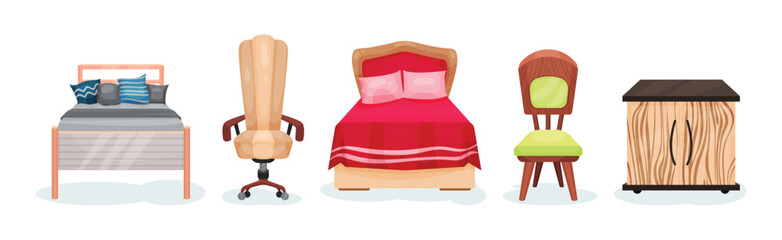 Wall Mural - Bed, Chair and Wooden Cabinet as Furniture Items Vector Set