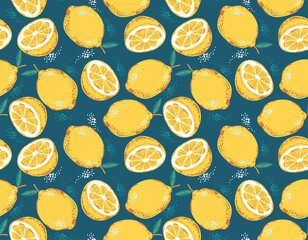 Wall Mural - Retro doodle hand drawn lime and lemon seamless pattern. Tropical leaves summer