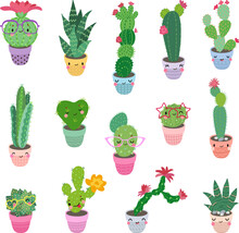 Cactus Characters, Cute Funny Cacti Plant In Decorative Pots. Children Friends, Cartoon Flowerpot Kawaii Face. Nowaday Succulents Vector Set