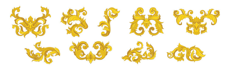 Canvas Print - Golden Monograms and Baroque Swirl Element with Floral Ornament Vector Set