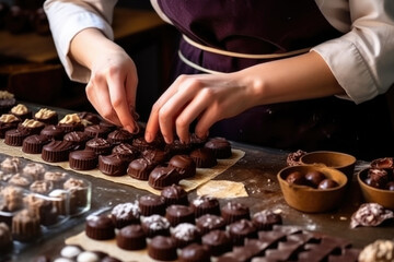 Wall Mural - female master chef chocolatier working in artisanal professional chocolate laboratory, AI Generative