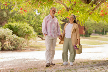 Wall Mural - Cheerful european mature couple in casual hold hands, enjoy date together in park at summer weekend, rest