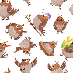Wall Mural - birds pattern. funny cartoon sparrows in different poses seamless background