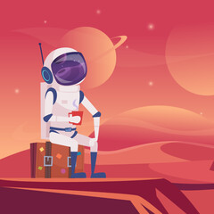 Wall Mural - space travel. astronaut sitting on suitcase on moon fantasy landscape. vector background