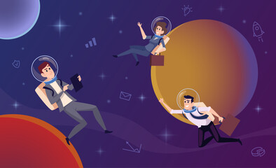 Wall Mural - businessman in universe. business activity exploration space male and female astronaughts flying and