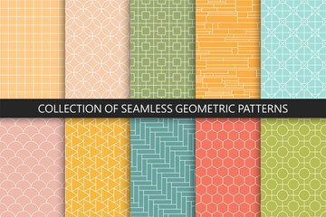 Collection of bright seamless ornamental geometric patterns. Repeatable symmetry backgrounds. Grid textures - decorative outline prints