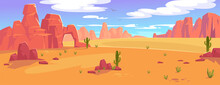 Landscape View Of A Desert Valley With Rocky Mountains, Sand, Cactus Plants. Background For A Cowboy Game Level. Natural Wilderness Of Wild West America And Grand Canyon. Cartoon Vector Illustration