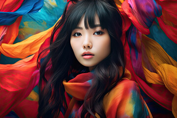 Wall Mural - High Korean Fashion model woman in colorful bright lights posing in studio, portrait of beautiful sexy female with trendy make-up. Art design, colorful make up. Generative AI