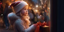 A Little Girl Looks In The New Year's Shop Window. The Concept Of Christmas Generative Ai