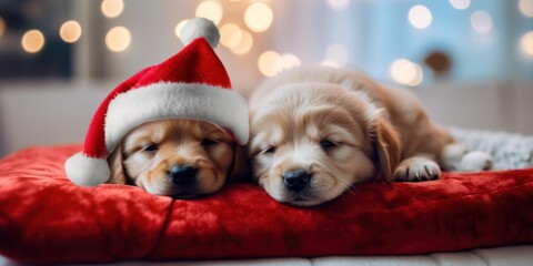 Wall Mural - christmas concept cute two dogs puppies in christmas hats generartive ai