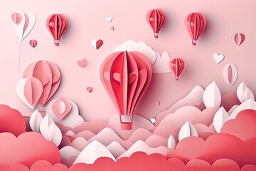 Poster - Paper art of flying hot air balloons with heart shape in the sky. Paper cut style Valentine day with heart balloon, AI Generated