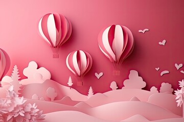 Poster - Paper art of hot air balloons flying in the sky. 3D Rendering, Paper cut style Valentine day with heart balloon, AI Generated