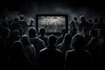 Crowd watching horror movie on television screen. Horror movie concept. People crowd watching TV in dark background, AI Generated