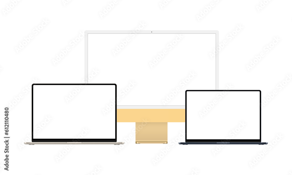 Yellow Computer Monitor and Laptops with Blank Screens, Isolated on ...