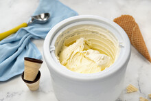 Homemade Vanilla Ice Cream In Ice Cream Maker. Close Up