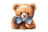 cute teddy bear using a bioncular in watercolor design isolated on transparent background
