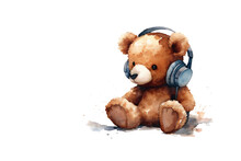  Cute Teddy Bear Listening Music Through A Headphones In Watercolor Design Isolated On Transparent Background