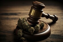 Wooden Judges Gavel With Cannabis Buds On Top. Generative AI
