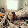 Big mess in bedroom, ruined broken torn things, guilty dog in middle, dog ruined everything in room, bully, generative ai