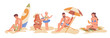 Set of people characters applying sunscreen cosmetics to protect from sun while rest on sand beach