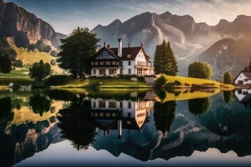 Poster - peaceful house overlooking a green hillside and lake. Generative AI