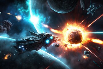 Wall Mural - spaceship hovering in front of a colorful array of planets in outer space. Generative AI