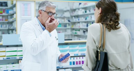 Wall Mural - Pharmacist, man and help customer with medicine, pills or medication in pharmacy. Pharmaceutical, senior and sick woman with doctor explaining drugs, medical product and direction for healthcare.