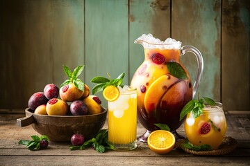 Poster - Fruit juices in a tall pitcher with coconut, passion fruit, mango, and cherry against a rustic wooden background. Generative AI