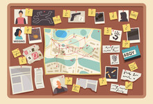 Detective Pinboard With Evidences Vector Illustration. Cartoon Information Board On Wall Of Police Office With Victim Photo And Pictures, Paper Map And Red String, Evidences To Investigate Murder