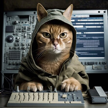 3D Hacker Cat In Hoodie At The Compute Ai Generation High Quality Photo