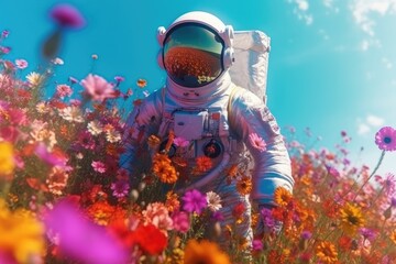 Astronaut picking beautiful flowers on a mesmerizing alien planet. Generative AI