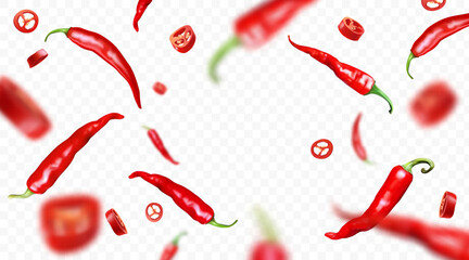 Wall Mural - Falling realistic red chilli peppers isolated on transparent background. Flying defocusing hot peppers, whole and cut pieces. Ideal for advertising, package, banner design. Vector illustration.