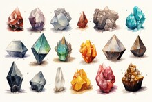 Lithography Of Gemstones Collection. Crystals And Minerals Background. AI Generative