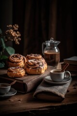 Wall Mural -  Coffee with cinnamon buns, homemade pastry in warm hygge style. AI generative