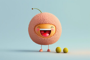 Sticker - Little lychee 3d cartoon character. Ripe red fruit with big eyes. Funny litchi mascot. Generative AI 3d render illustration imitation.