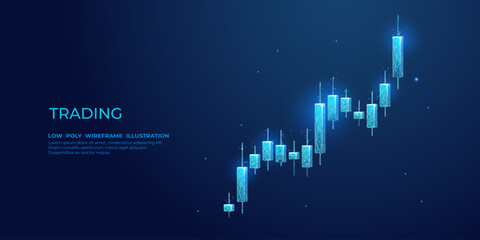 Leinwandbilder - Digital 3D stock market candlestick isolated on technological dark blue background. Low poly abstract graph chart. Monochrome wireframe vector illustration with connected dots, lines, and polygons.