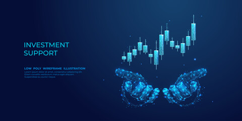 Leinwandbilder - Digital abstract human hands holding 3D stock market candlestick graph chart. The conception of investment support or financial literacy help. Low polygonal vector illustration on dark blue background