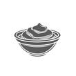 Sauce in bowl, side view glyph icon vector illustration. Stamp of creamy mayonnaise or Greek yogurt, sour cream or ketchup swirls in small glass cup, aioli or cheese sauce in ceramic round ramekin