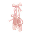 Ballet shoes hang on silk ribbon with bow vector illustration. Cartoon isolated pointes of ballerina hanging on wall, female pink ballet slippers for classic elegant dance, girly pastel accessory