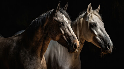  Two horse close up isolated on black background Generative AI