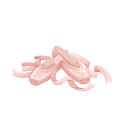 Ballet shoes vector illustration. Cartoon isolated pink ballet slippers with ribbons and points, pair of pointe shoes for professional ballerina classic dance to music, satin elegant footwear