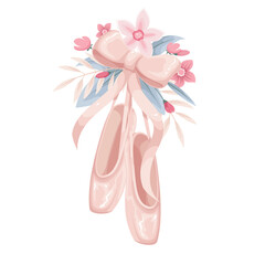 Ballet shoes hang on silk ribbon with bow and flowers vector illustration. Cartoon isolated pink silk ballerinas slippers with summer floral elegant bouquet, pair of pointes for dance to classic music